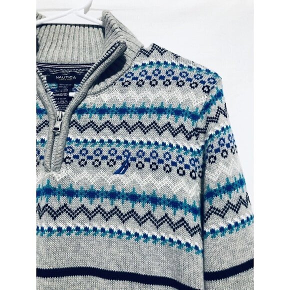 Nautica Sweater Womens Medium Gray Fair Isle 1/4 Zip Pullover Gray Cotton - Picture 2 of 5